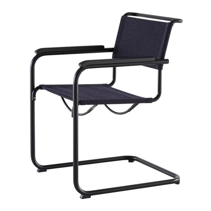 Thonet - S 34 V Fauteuil, diepzwart/ diep (stof Rohi Cento) / armleuning gebeitst eiken