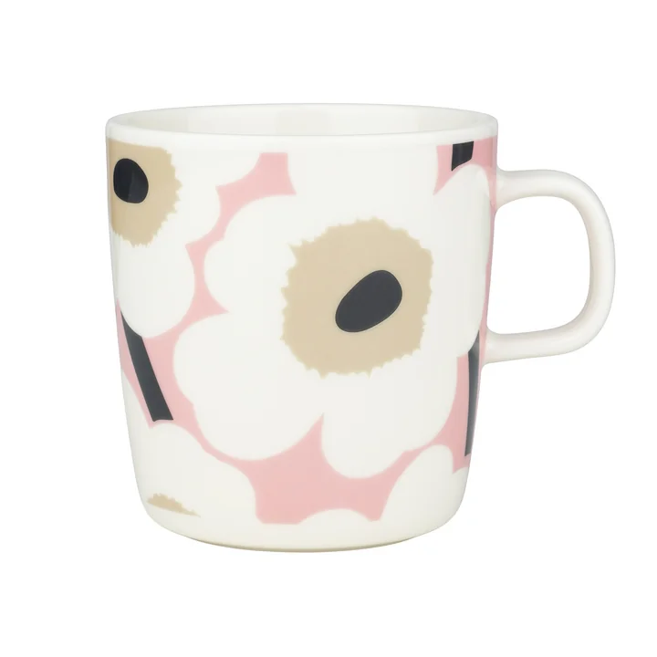 Marimekko - Oiva Unikko Mok met handvat, 400 ml, gebroken wit / roze / zand / houtskool