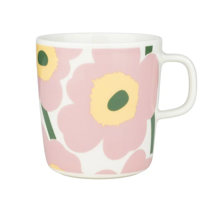 Marimekko - Oiva Unikko Mok met handvat, 400 ml, wit / roze / lichtgeel
