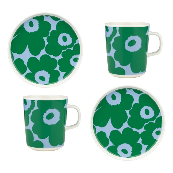 Marimekko - Oiva Unikko Ontbijtset, wit / groen / lichtblauw (4 stuks)
