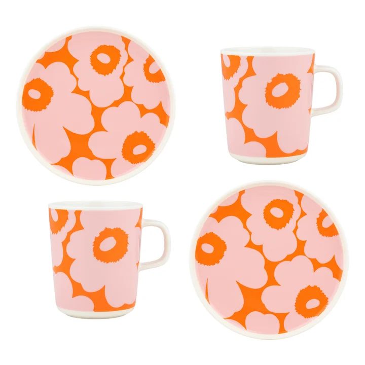 Marimekko - Oiva Unikko Ontbijtset, wit / roze / oranje (4 stuks)