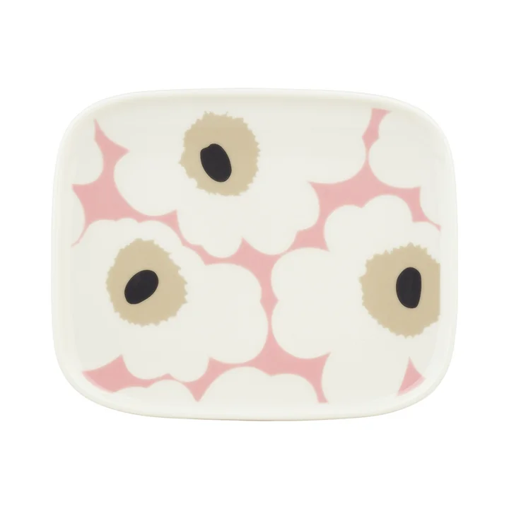 Marimekko - Oiva Unikko -serveerschaal, 15 x 12 cm, wit / roze / zandkleur / antraciet