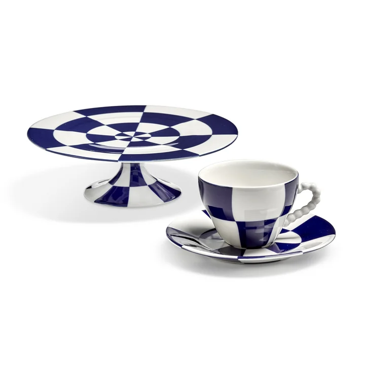 Serax - Fête des Bêtes Kop en schotel met taartstandaard, blauw/wit