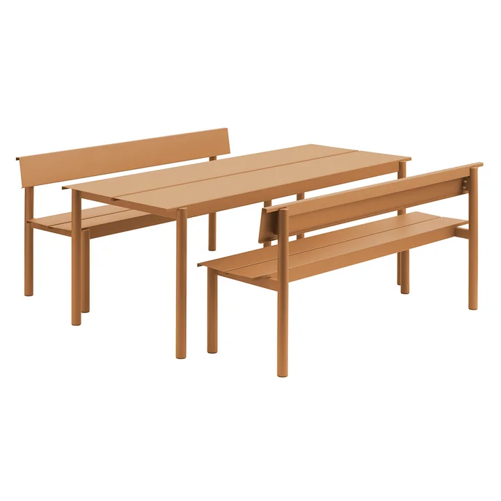 Muuto - Linear Steel Bank met rugleuning, 170 cm bij tuintafel, burnt orange