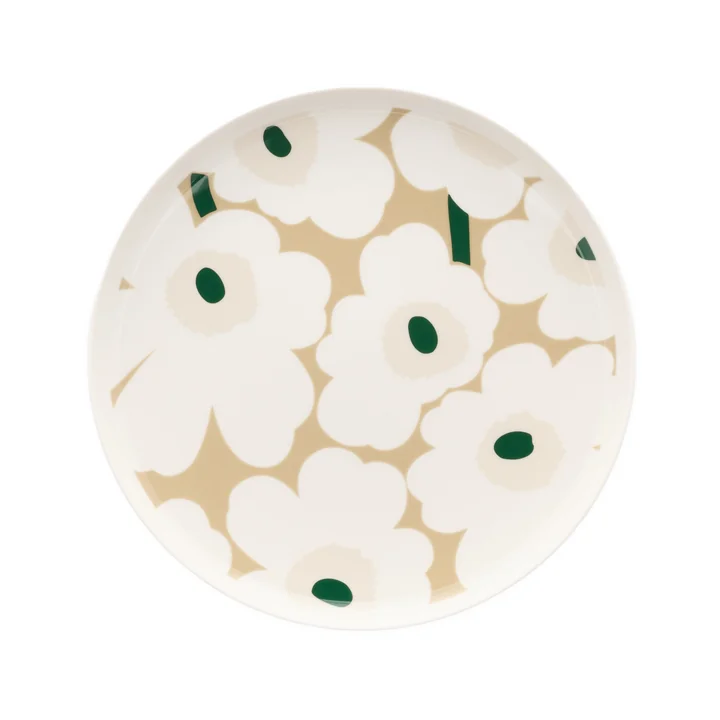 Marimekko - Oiva Iso Unikko-bord, Ø 25 cm, wit / beige / lichtzandkleurig / donkergroen