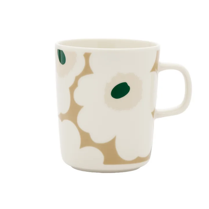 Marimekko - Oiva Unikko Beker met oor 250 ml, wit / beige / lichtzand / donkergroen