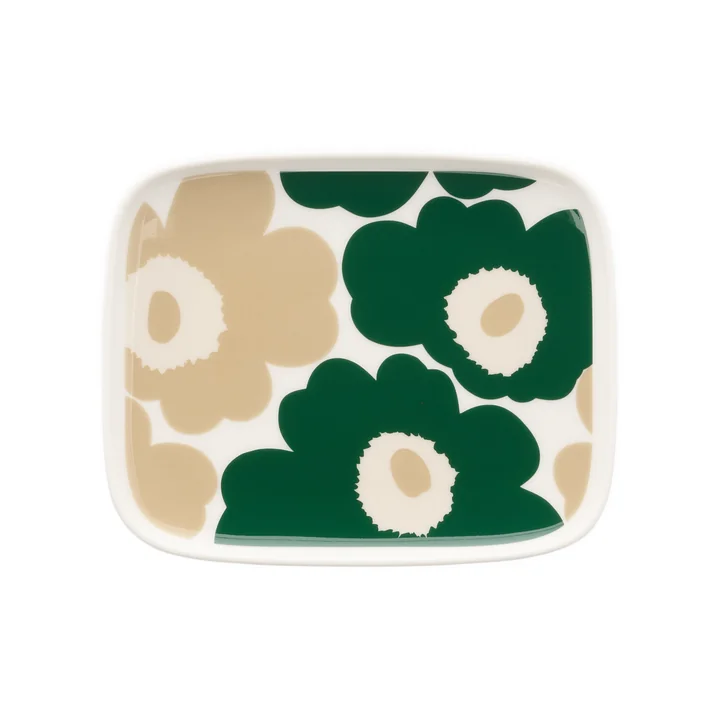 Marimekko - Oiva Unikko -serveerschaal, 15 x 12 cm, wit / donkergroen / beige / lichtzandkleurig