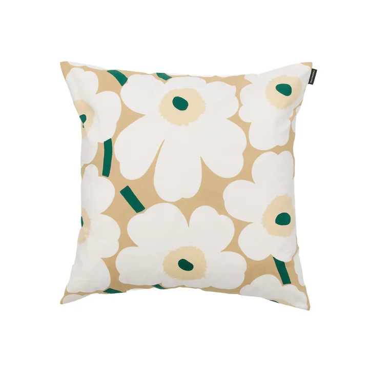Marimekko - Pieni Unikko Kussensloop, 50 x 50 cm, zandkleur, wit, hooikleur, smaragdgroen