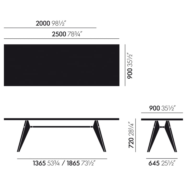 De afmetingen van de Em Table Eettafel van Vitra Oak