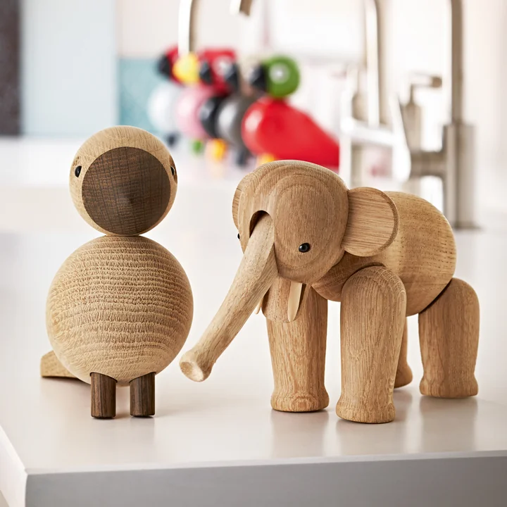 Houten olifant en zangvogel van Kay Bojesen