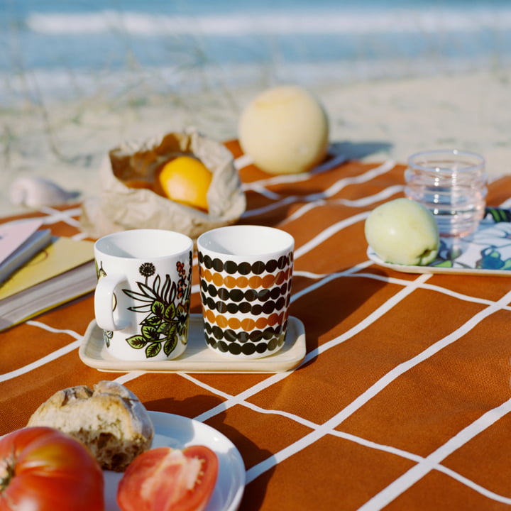 Tiiliskivi picknick dek met gebruiksvoorwerpen van Marimekko