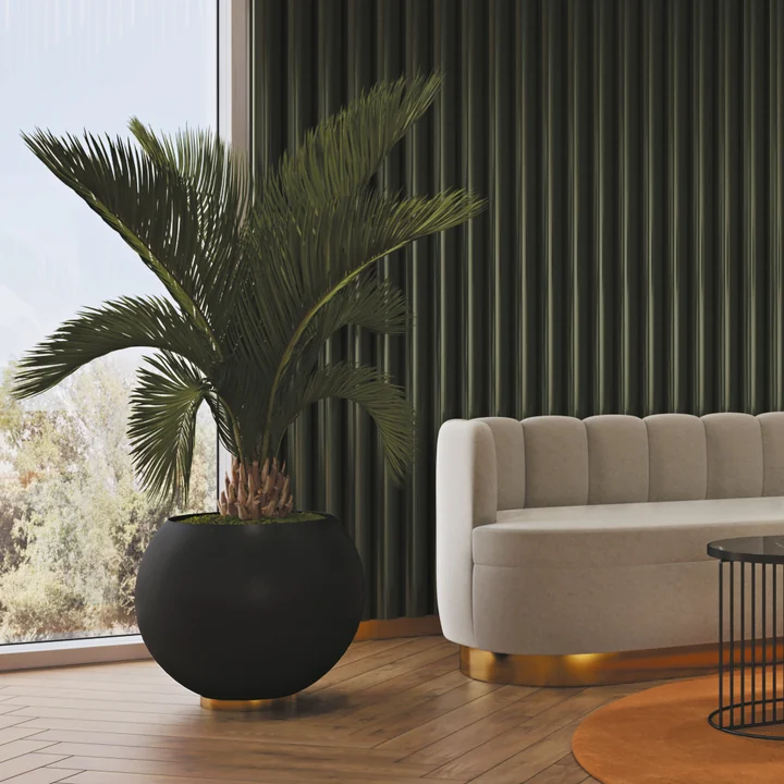 De Globe bloempot van AYTM met een binnenpalmboom naast een lichtgekleurde bank