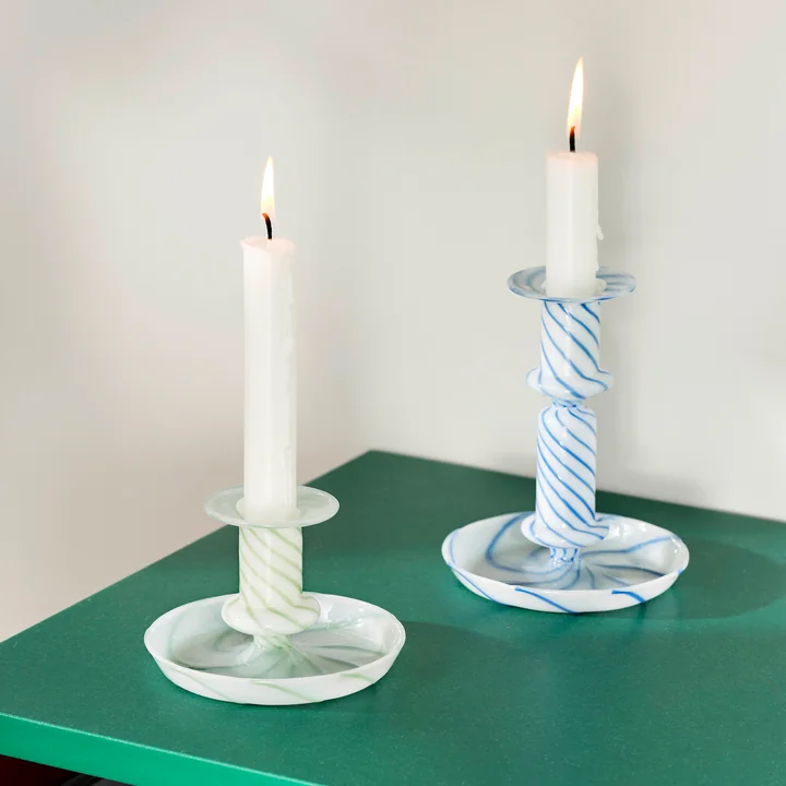 Flare Kandelaar, melk/groen en melk/blauw by HAY