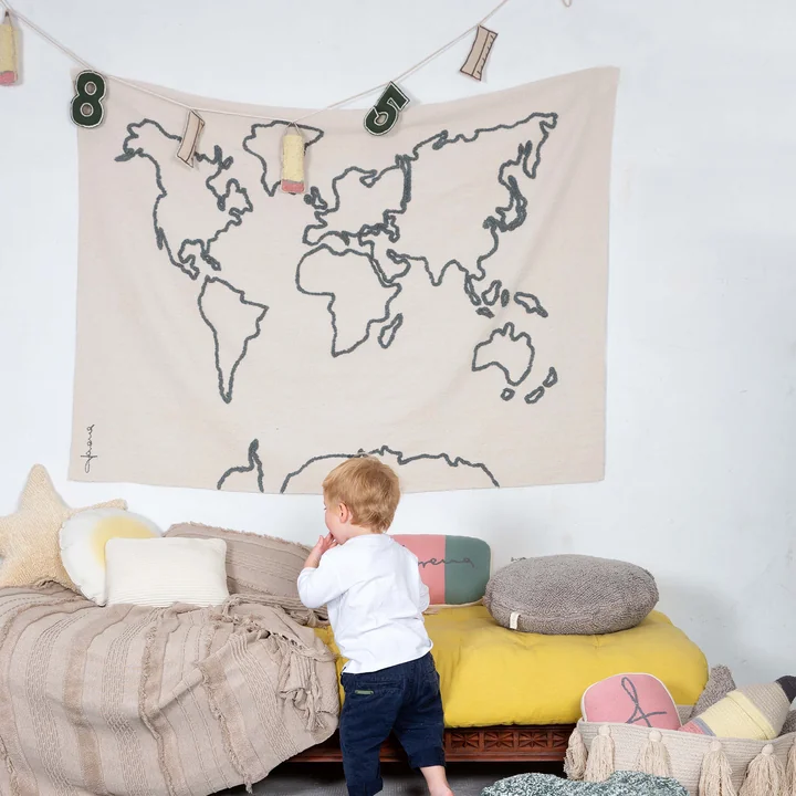 Wandkleed, wereldkaart, 160 x 120 cm, naturel / zwart door Lorena Canals