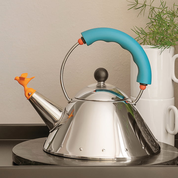 Waterkoker 9093 /1 "Bird Kettle" van Alessi in de gepolijste / lichtblauwe versie