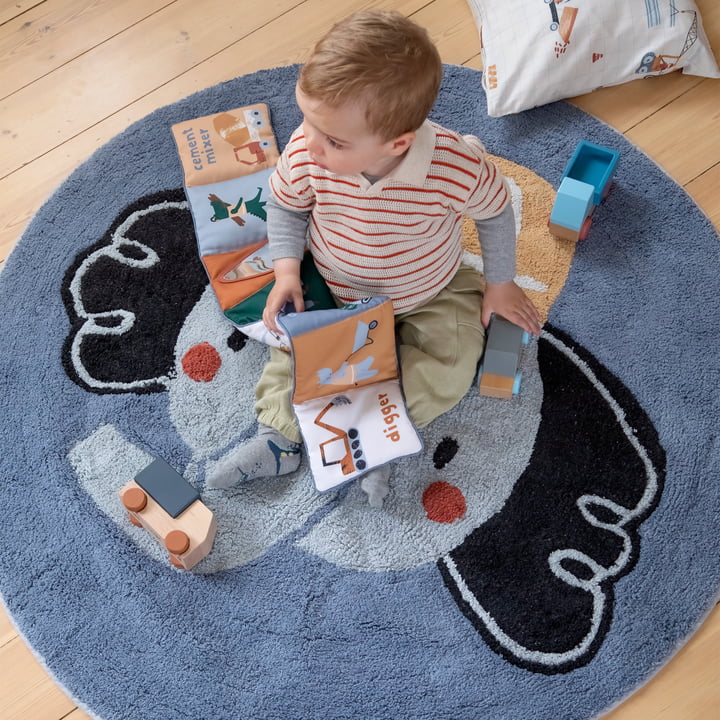 Sebra - Kindertapijt, Ø 120 cm, stoffen boek, Busy Builders