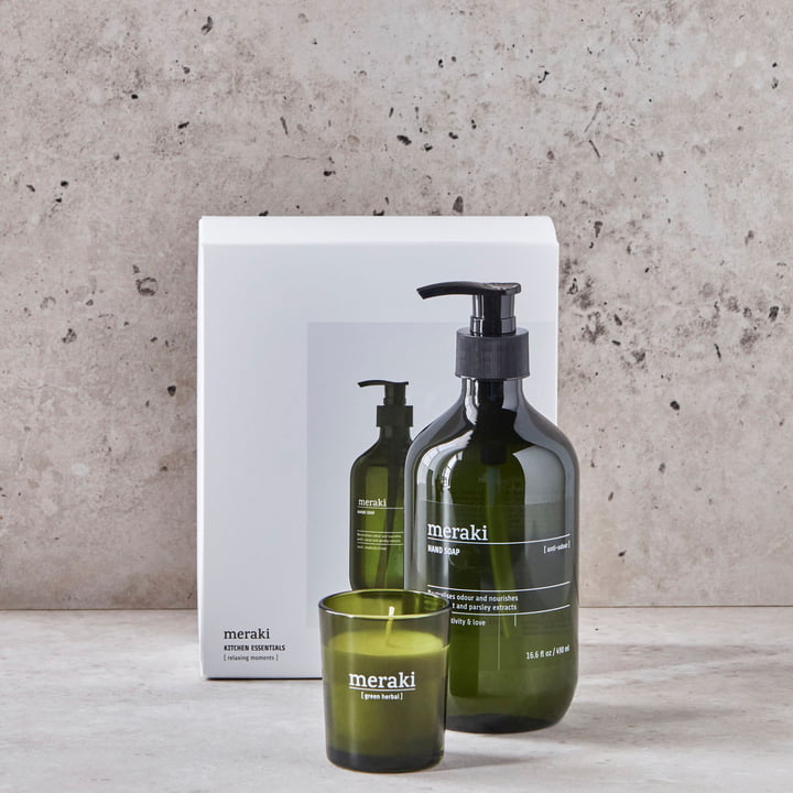 Meraki & - Cadeauverpakking Keuken, Keuken essential Anti-Odour Handzeep (490 ml) Groene kruidenkaars