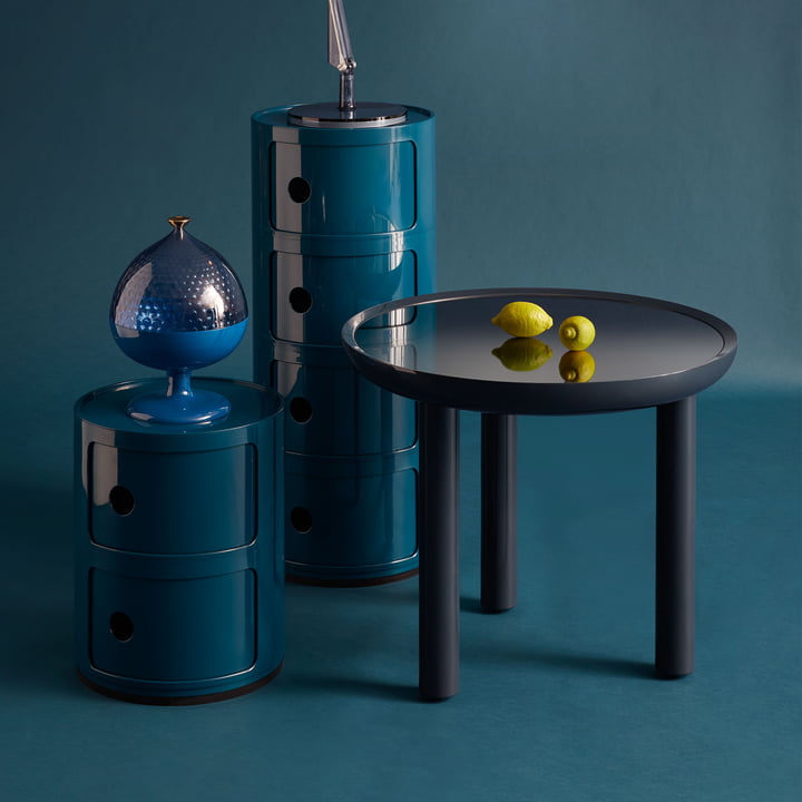 Kartell - K-Top bijzettafel, H 50 cm / Ø 60 cm, gerookte spiegel / blauw