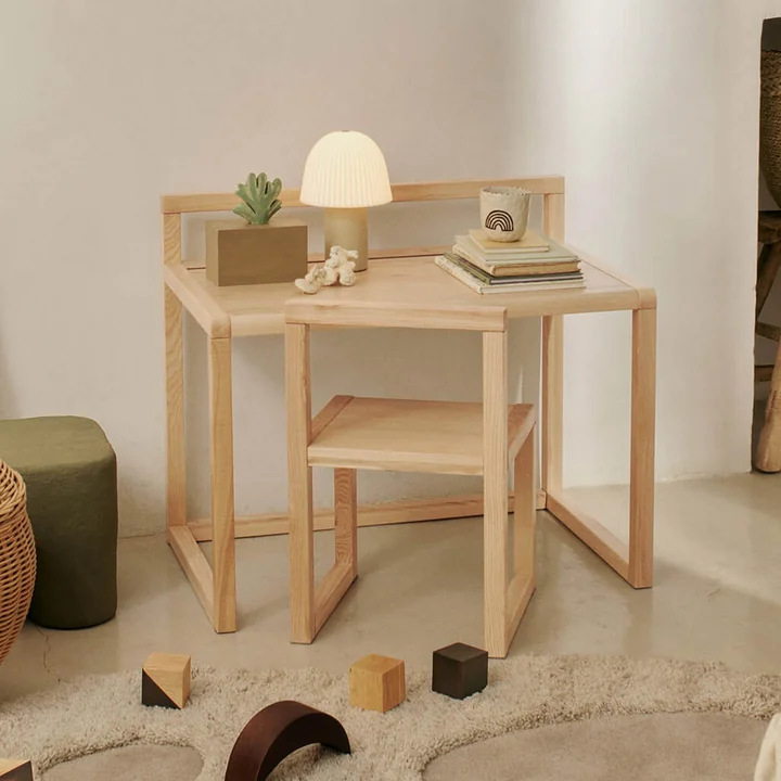 Ferm Living - Little Architect Stoel, kinderbureau, essenhout naturel en LED-tafellamp Frill