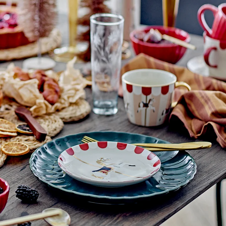 Bloomingville - Merry-go-round Kerstmok met handvat, Ø 9,5 cm, H 8 cm, rood/wit (set van 2)