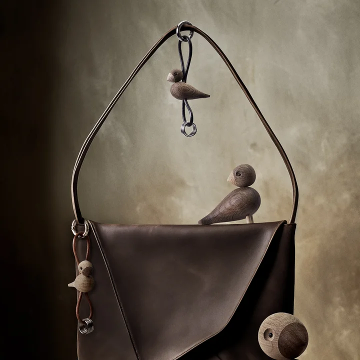 Kay Bojesen - Vogelsleutelhanger, onbehandeld eiken / goud / natuurlijk leer