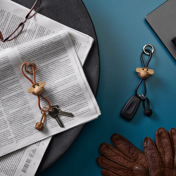 Kay Bojesen - Monkey sleutelhanger, geolied teak / geolied limba / zilver / zwart leer