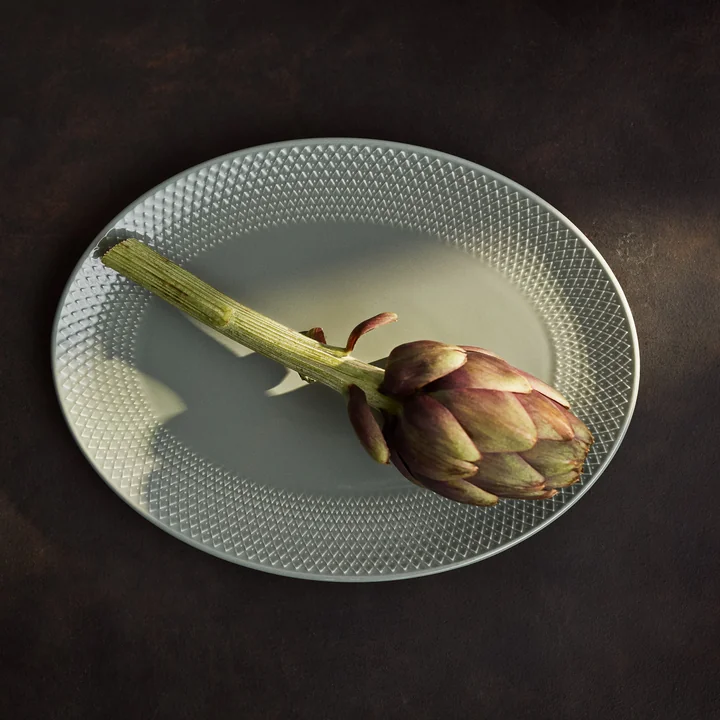 Lyngby Porcelæn - Rhombe Aarde Schotel ovaal 21,5 x 28,5 cm, mos