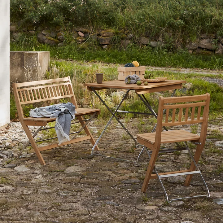 FDB Møbler - Lilleø M24 tuinbank, M26 klaptafel en M23 klapstoel, naturel geolied teakhout