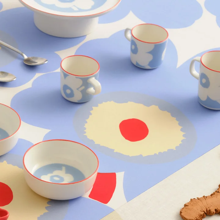 Marimekko - Oiva Juhla Unikko mok met handvat en koffiekopjes, wit / lt.blauw / oranjerood