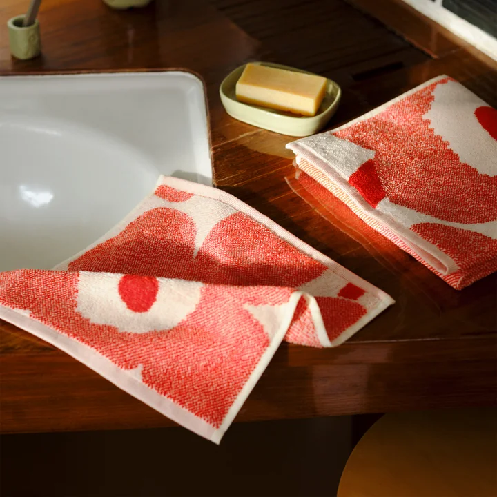 Marimekko - Unikko Mini - handdoek, 30 x 30 cm, gebroken wit/oranje rood