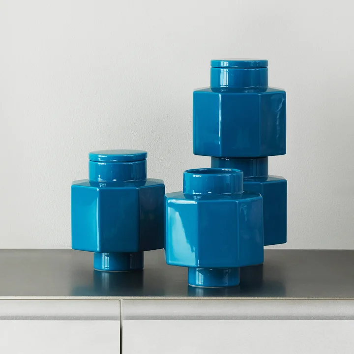 Normann Copenhagen - Deko Object Vaas Zeskant met deksel, petrol blauw