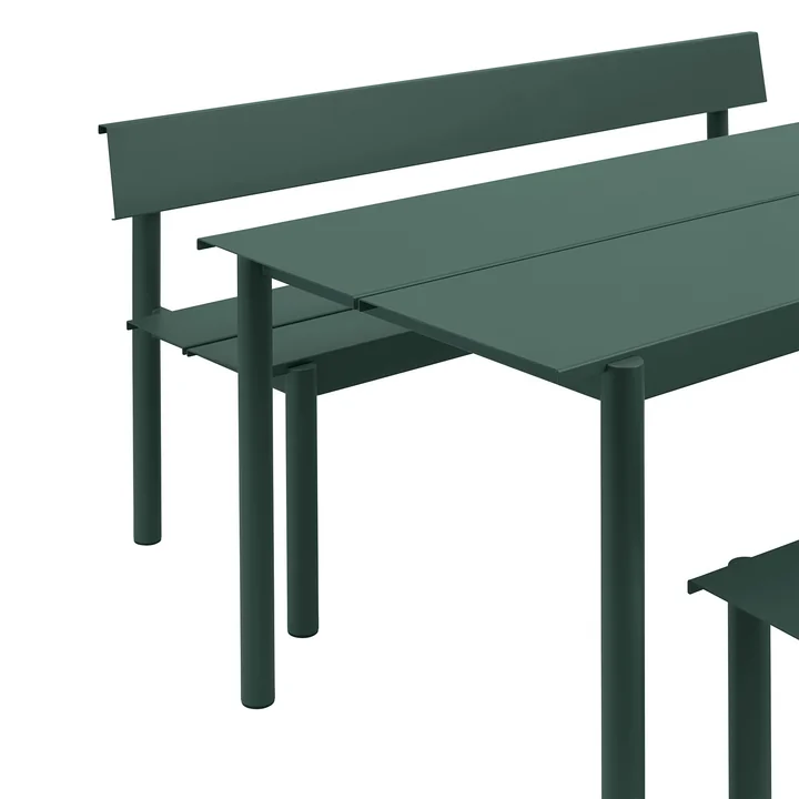 Muuto - Linear Steel Bank met rugleuning, 170 cm bij tuintafel, donkergroen