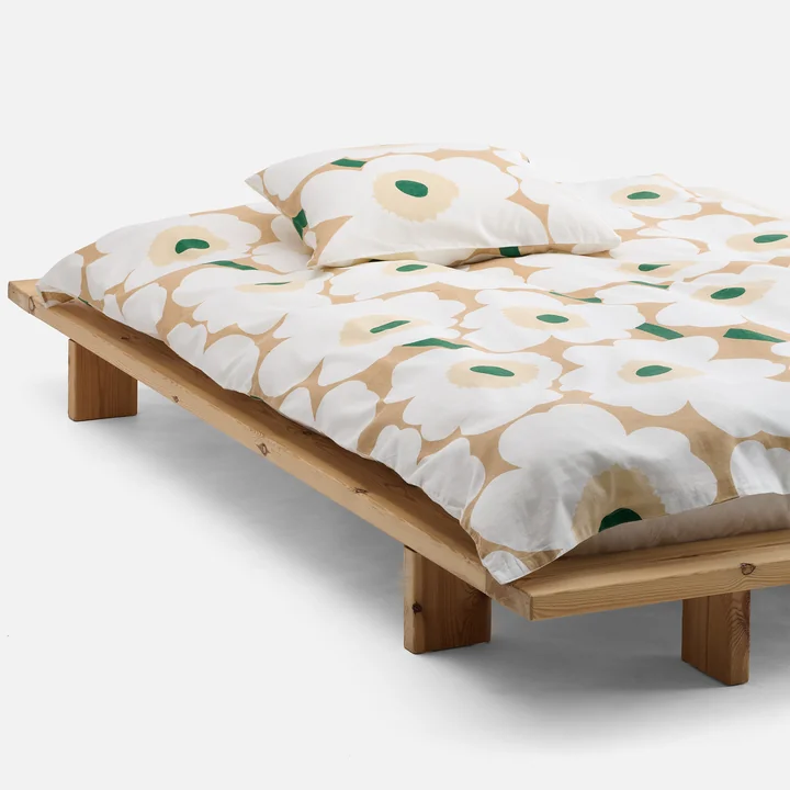 Marimekko - Unikko Dekbedovertrek, 150 x 210 cm, zand / gebroken wit / hooi / smaragdgroen