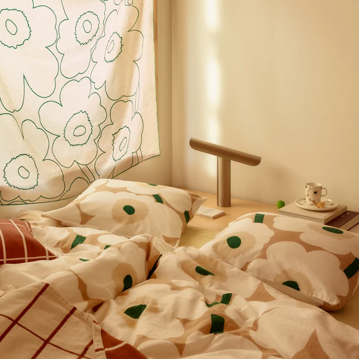 Marimekko - Unikko Dekbedovertrek, 150 x 210 cm, zand / gebroken wit / hooi / smaragdgroen