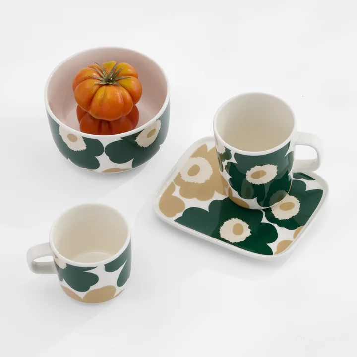Marimekko - Oiva Unikko , wit / donkergroen / beige / lichtzandkleurig