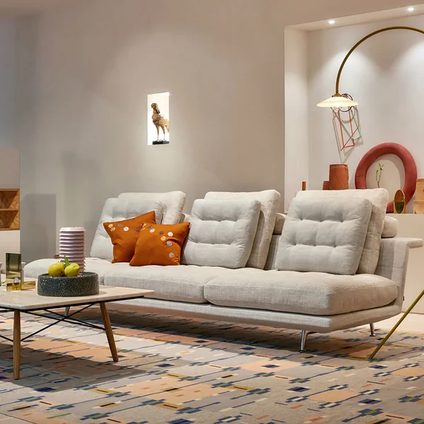 Vitra - Grand Sofà 3,5 Zitsbank, Basis Donker Basis / Gegoten Aluminium, Gepolijst / Beige (Corsaro-steenmelange 05) (getuft)